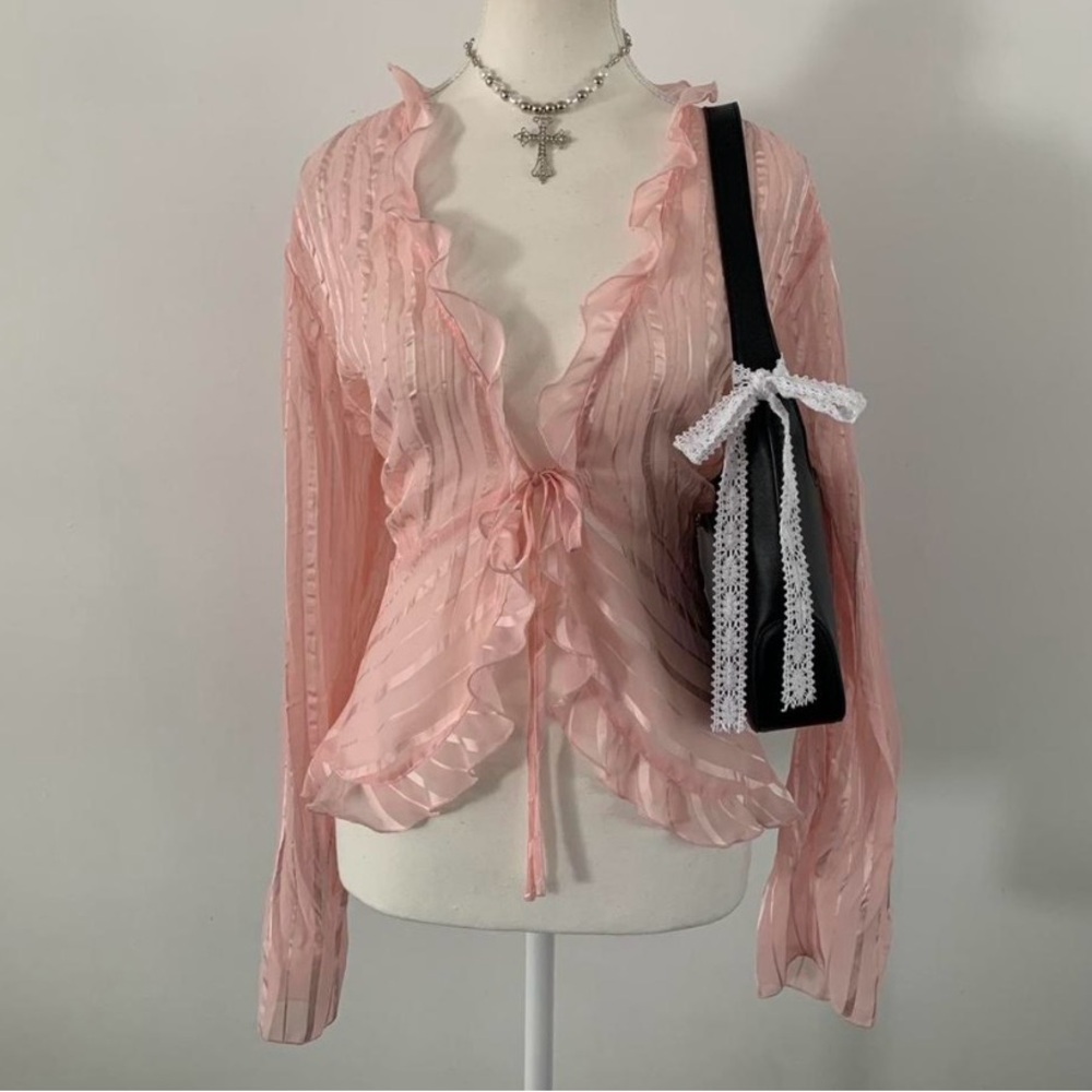 Y2K Vintage Baby Pink Sheer Ruffled Blouse